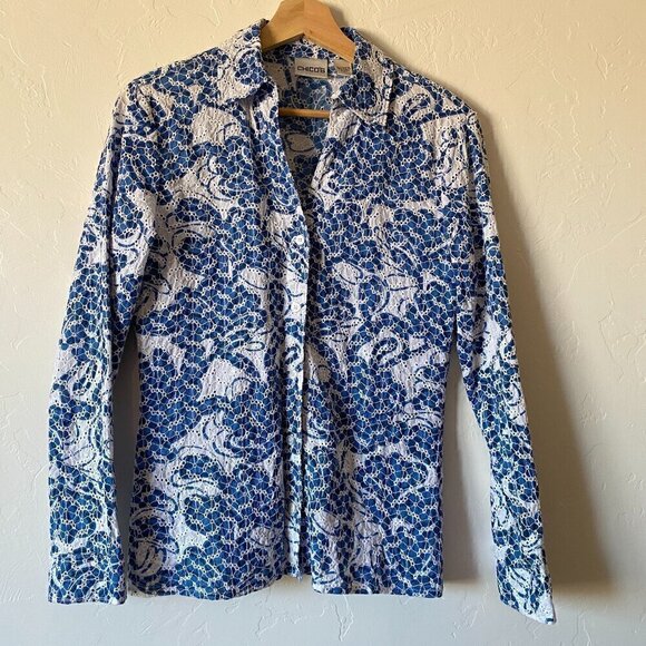 Chico's 100% Cotton Blue and White Floral Eyelet Button Front Blouse - Picture 1 of 6